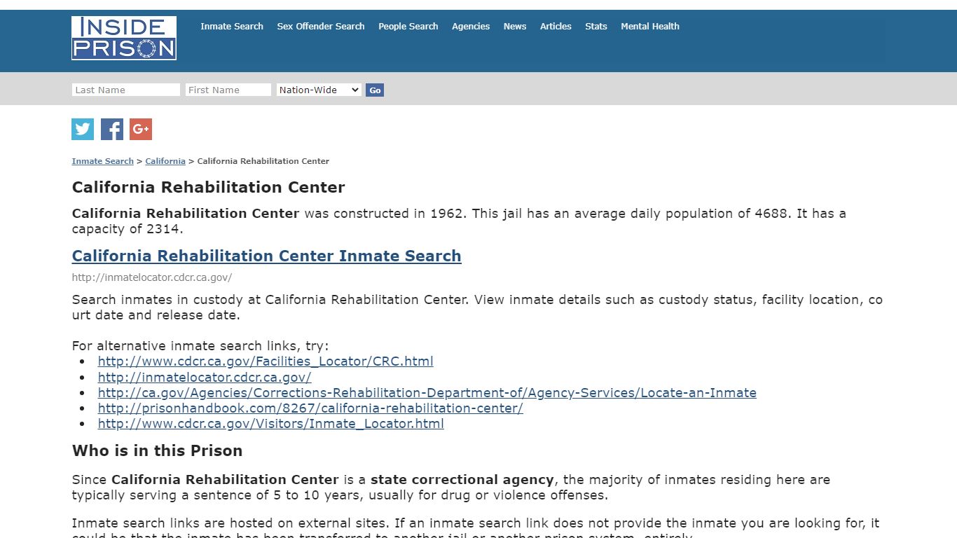 California Rehabilitation Center - California - Inmate Search